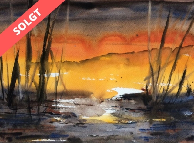 Solnedgang ved søen. (54x39 cm) Indrammet. 3000 kr