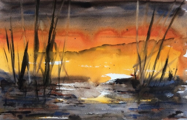 Solnedgang ved søen. 900 kr. (54x39 cm) Indrammet