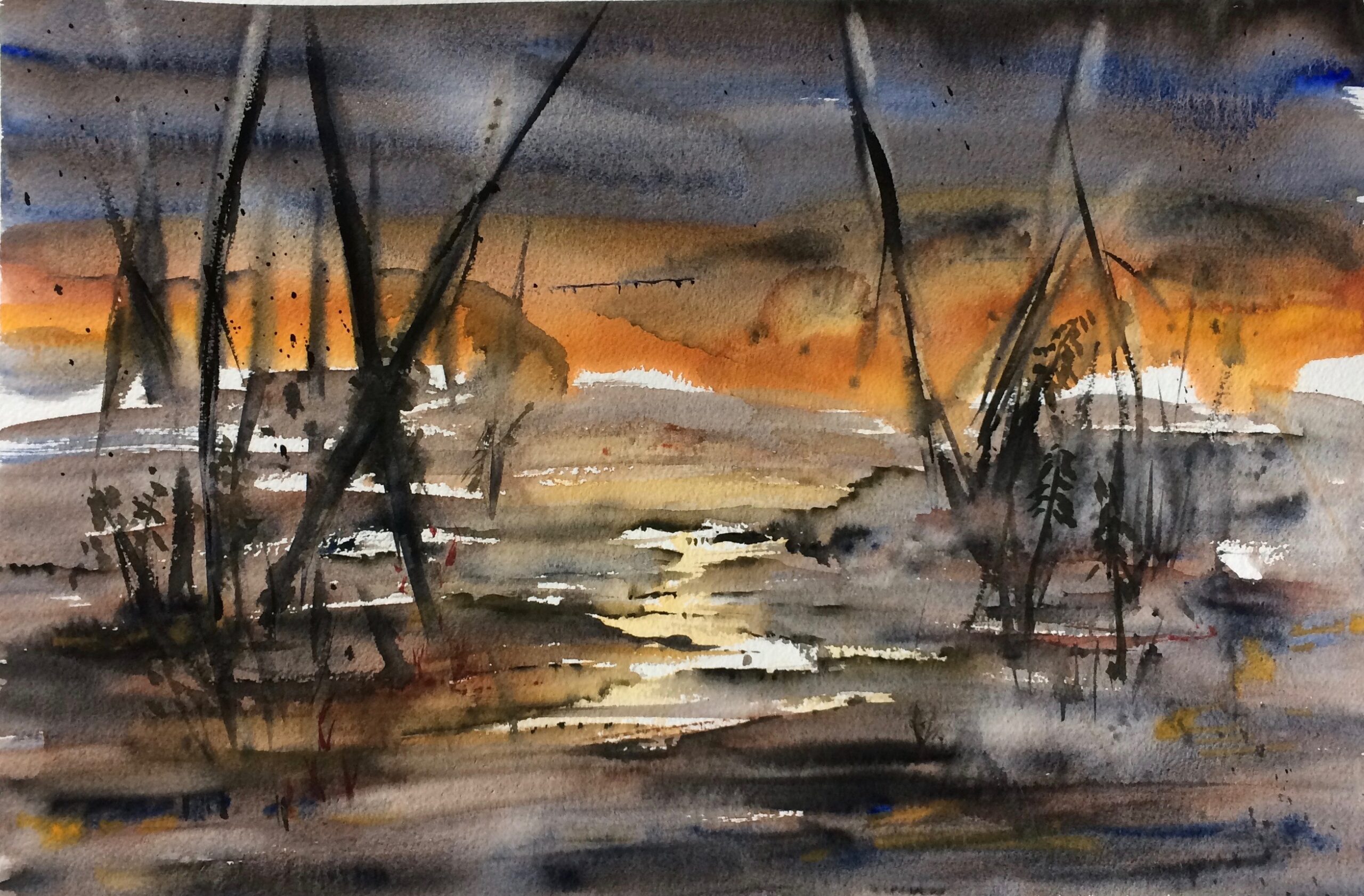 Solnedgang ved søen. 1100 kr. (54x39 cm) Indrammet