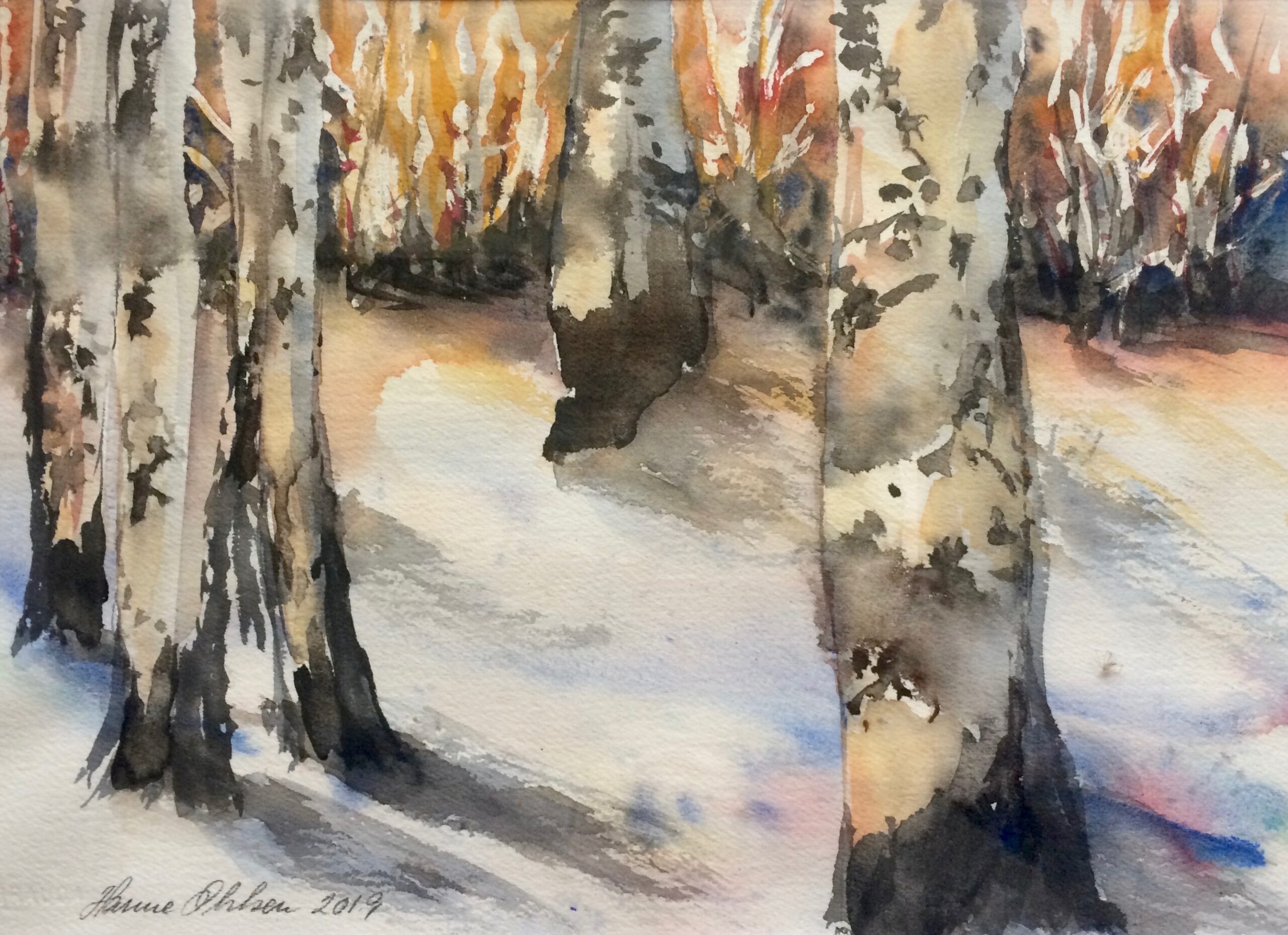 Birketræer i sne. 600 kr. (24x34 cm.) Indrammet
