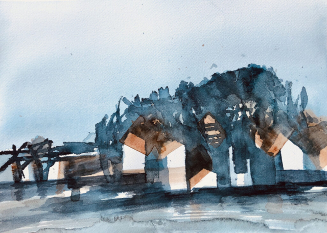 Landsby. 30x 40 cm. 2000 kr
