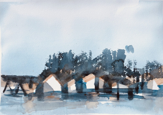 Landsby. 30x 40 cm. 2000 kr